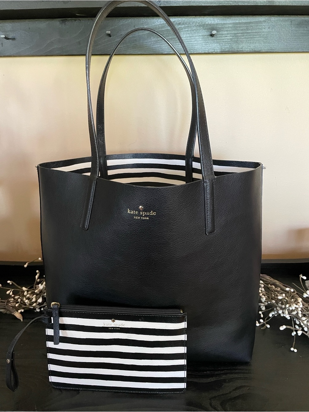 Kate Spade Reversible Solid Black/Striped Leather Tote with Striped Wristlet